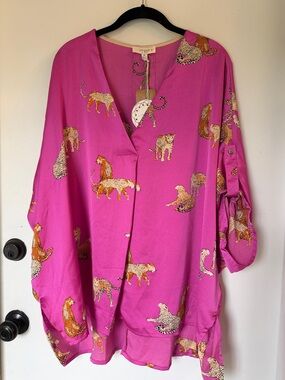 Umgee+ Leopard Print Satin Blouse size 1XL pink NWT